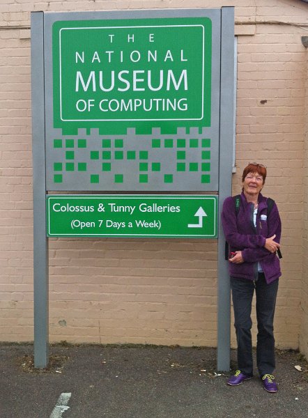 BletchleyPark_TNMOC 043_cr.jpg - Colette at the entrance of the TNMOC.